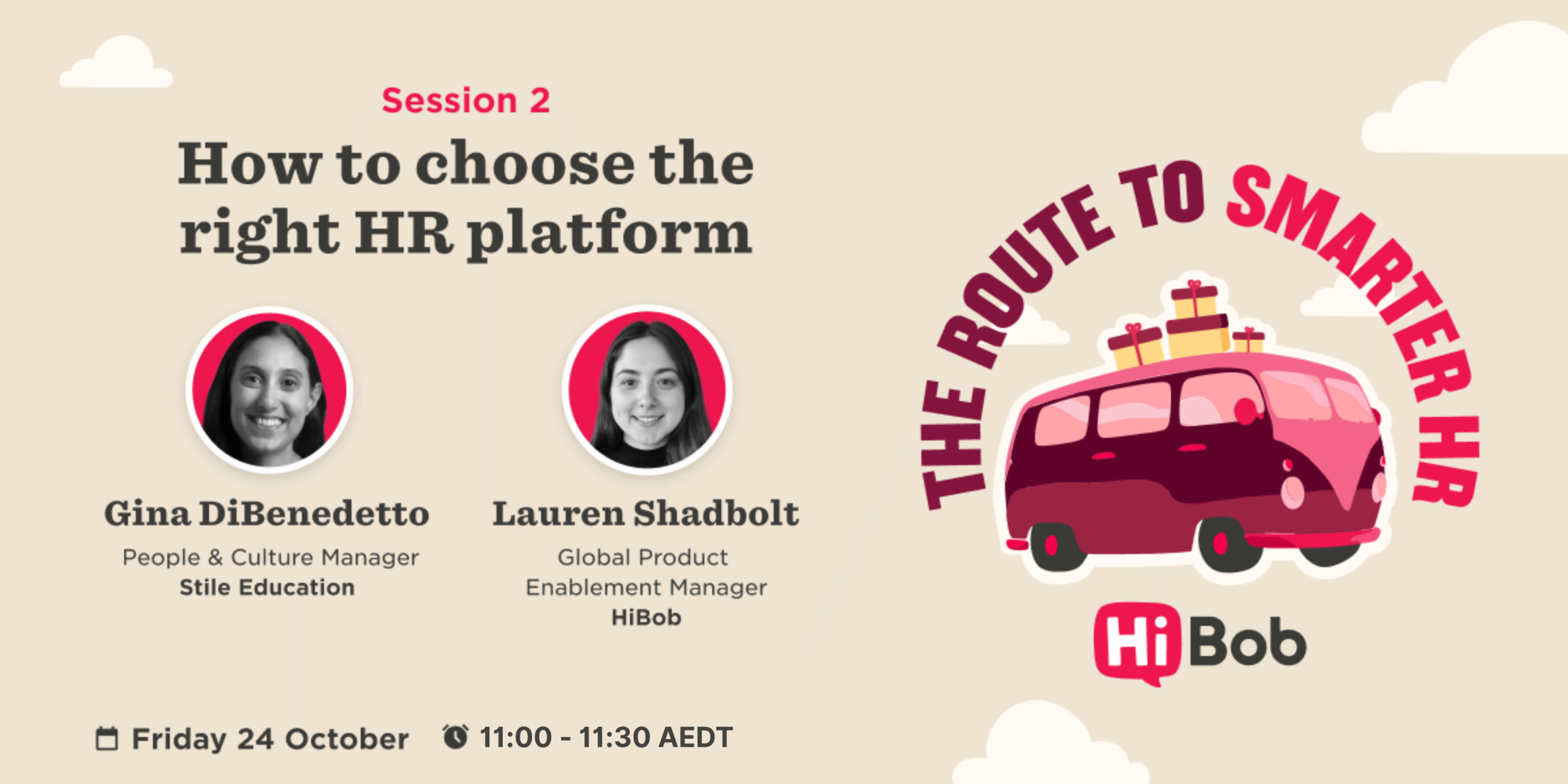 Session banner for HR platform webinar featuring speakers Gina DiBenedetto and Lauren Shadbolt, with a pink van graphic. session-banner, HR-webinar