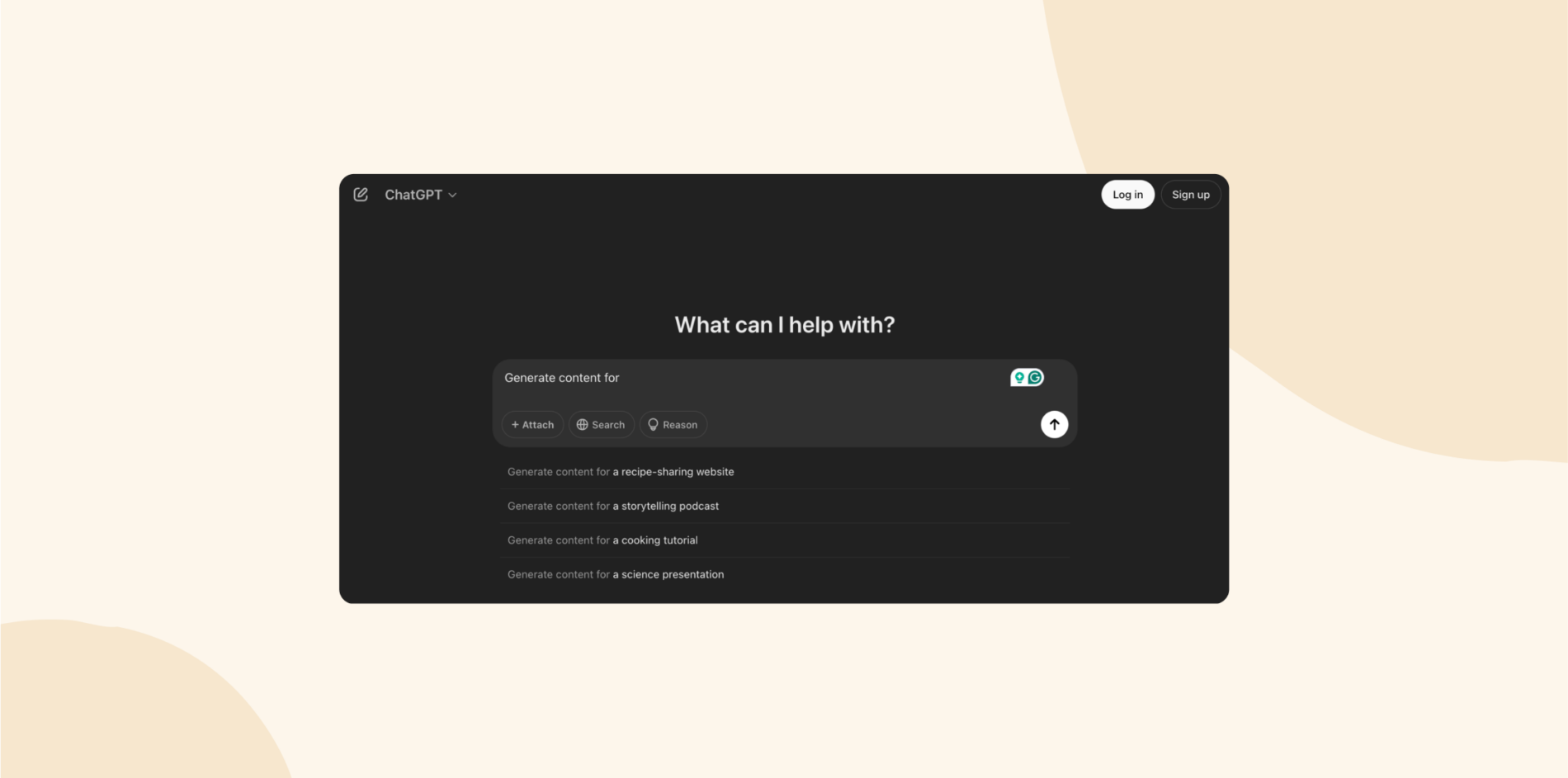 chatGPT interface with content generation options for various topics, dark theme design featuring user input area and suggestions