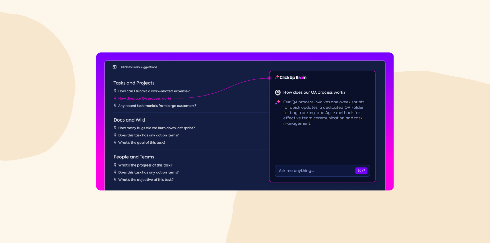 ClickUp interface displaying task suggestions, QA process inquiry, and vibrant design for project management., ClickUp, task management