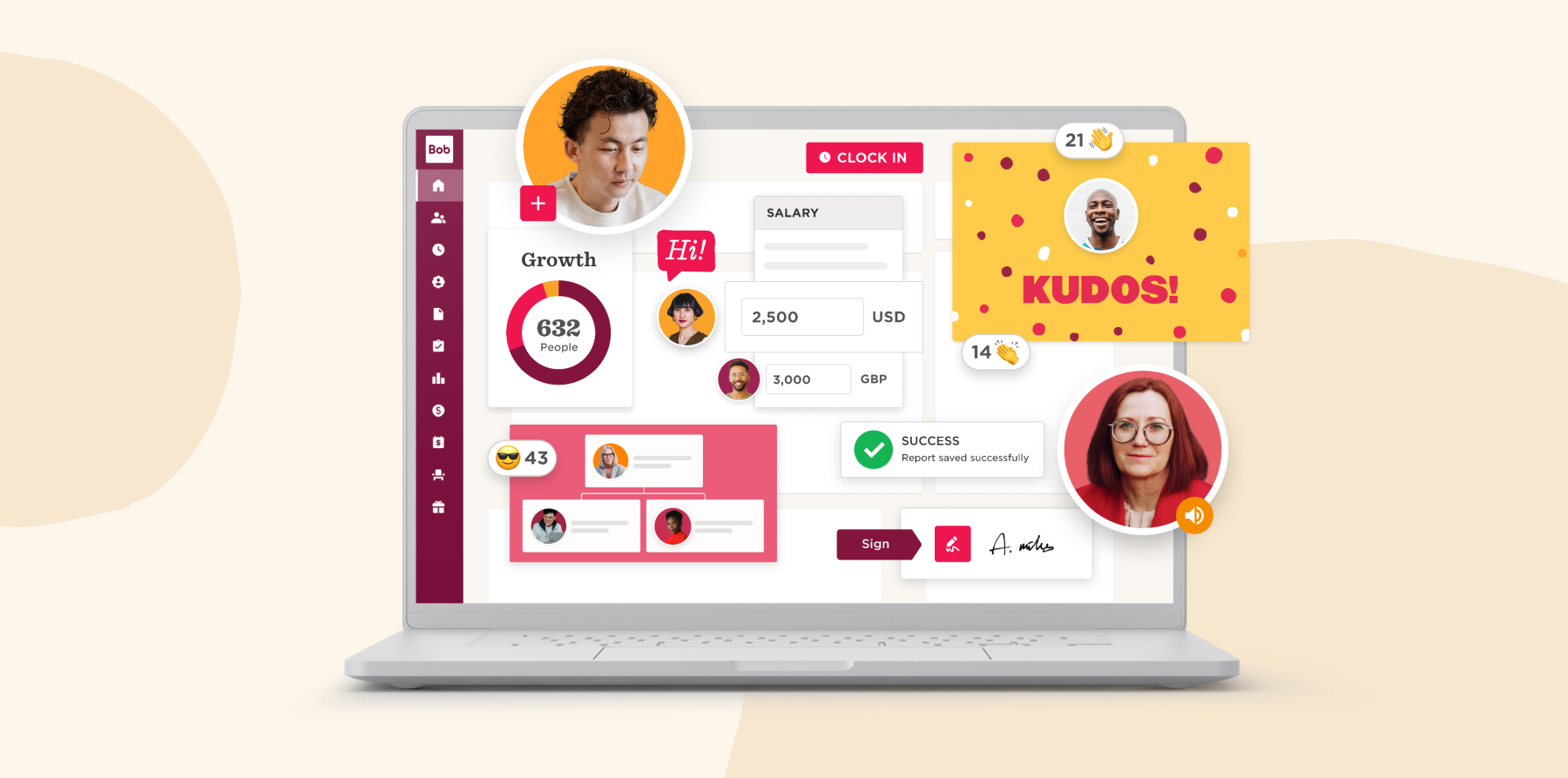 dashboard interface, employee growth statistics success messages