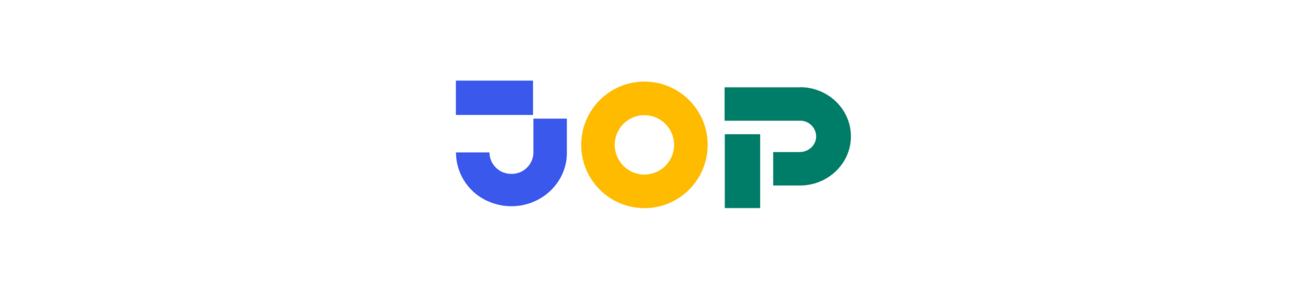 JOP logo in blue, yellow, and green, set against a black background, featuring bold, modern typography., JOP logo, modern typography design