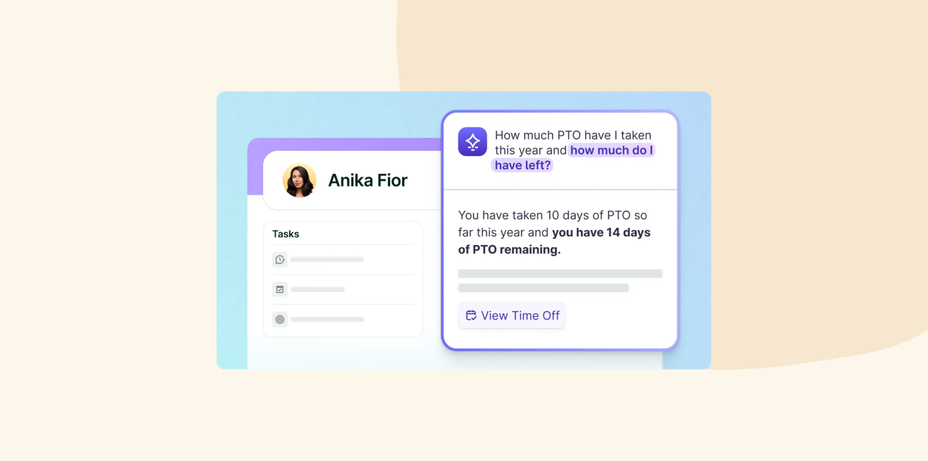 PTO tracker interface displaying Anika Fior's tasks, with summary of taken and remaining PTO days. Use ‘View Time Off’ function. PTO tracker, Anika Fior