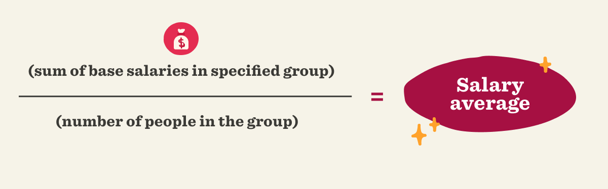 (sum of base salaries in specified group) divided by (number of people in the group) equals Salary average, salary calculation, salary average formula