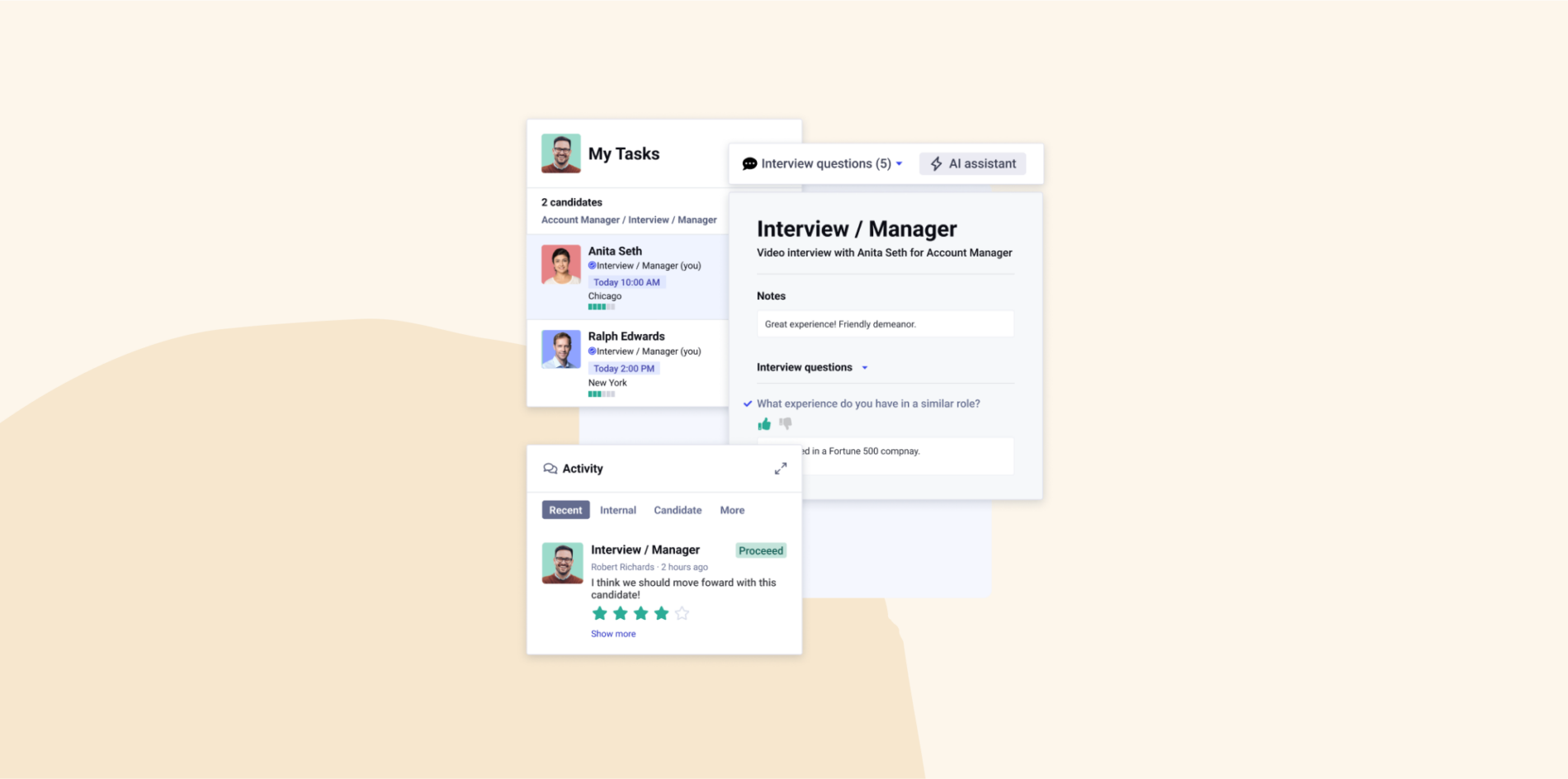 job interview interface, candidate profiles and tasks management