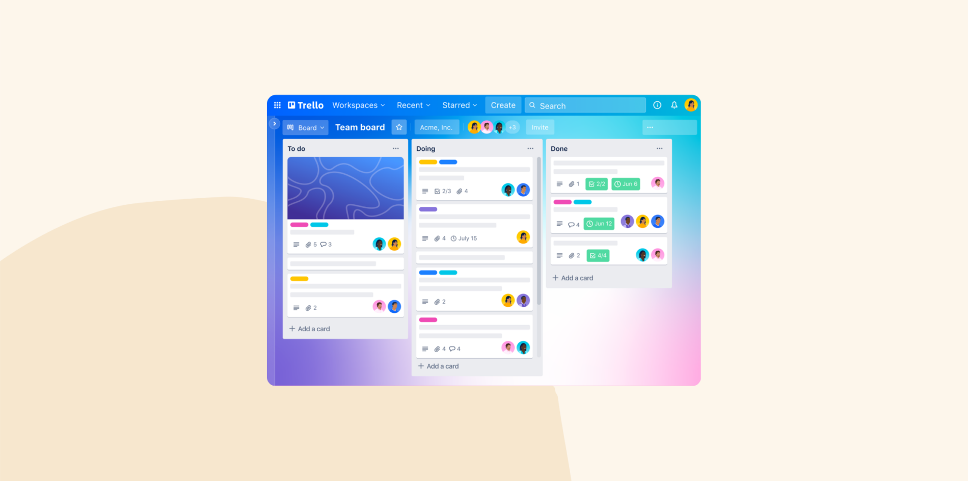 team board interface with columns for To Do, Doing, and Done, with colorful cards and user icons for task management, Trello project management tool screenshot showcasing task columns and user engagement